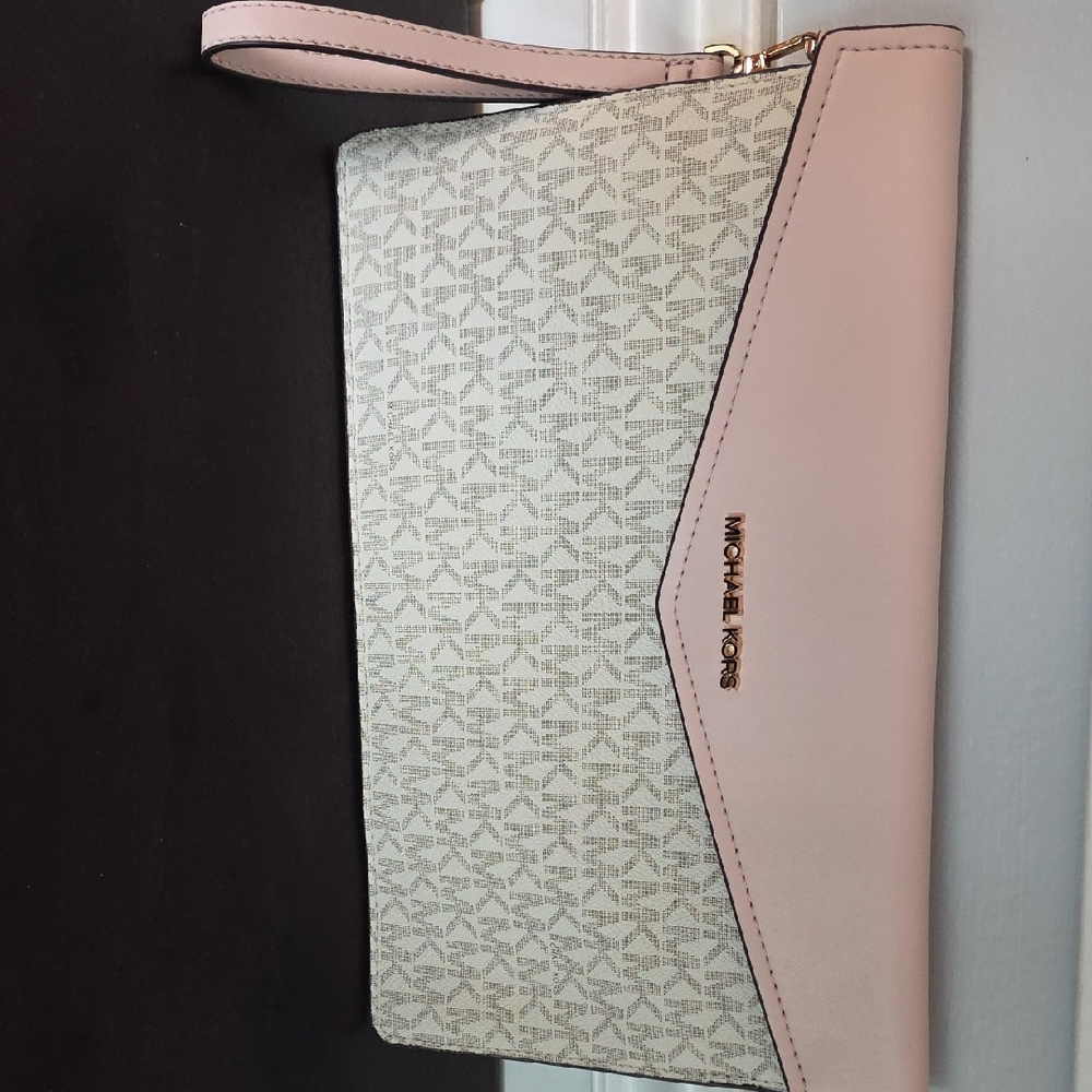Michael Kors Pink and Ivory Logo Wristlet Clutch with Gold Hardware